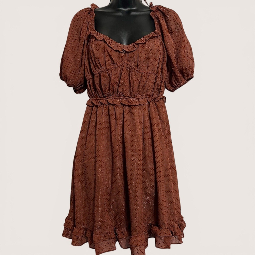 By The River Brown Polka Dot Puff Sleeve Dress Small Smocked Back‎